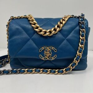 Chanel 19 Flap Bag Quilted Leather Medium Blue A+ Condition